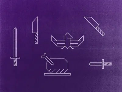 Bird, Knife, Cleaver, Sword, Cooked Bird & Cleaver animal bird chicken cleaver cook fly graphic icon illustration knife line linework logo mark medieval purple stroke sword vector weapon