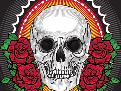 Skull con safos dia de los muertos illustration red roses roses run for the border skull starburst