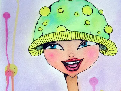 girl with a contageous spore girl mushroom painting smiling watercolor