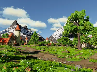 Fantasy Medieval Small Town Scene 3D model 3d 3dmodel art blacksmith blender3d conceptart environment exterior fantasy flower forest game grass house landscape medieval plants town tree workshop