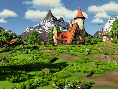 Fantasy Medieval Small Town Scene 3D model 3d 3dmodel art blacksmith workshop blender3d concept art environment exterior fantasy flower forest game grass house landscape medieval mountain nature plants render