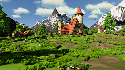 Fantasy Medieval Small Town Scene 3D model 3d 3dmodel art blacksmith workshop blender3d concept art environment exterior fantasy flower forest game grass house landscape medieval mountain nature plants render