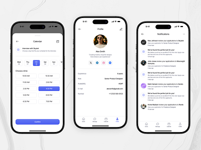 Job Scout - App Mobile black button calendar clean design figma gradient jobs linear minimal notifications profile ui uiux ux white