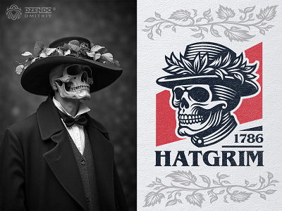 Skull In A Flower Hat branding brothers grimm style dark fairytale logo floral design folk inspired logo gothic style grim aesthetic hat logo hatgrim logo historical logo design logo logo designer ornamental skull retro skull emblem skeleton illustration skull logo skull with hat unique skull art vintage emblem