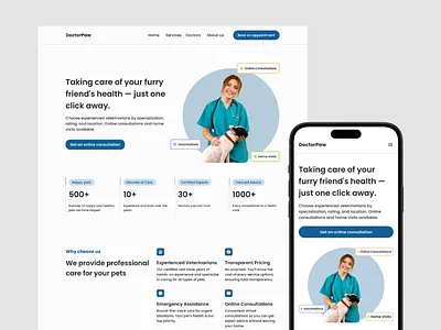Landing Page Design - DoctorPaw - Veterinary Services appdesign branding darkmodeui design graphic design illustration landing page logo mobile adaptation responsive design ui user expirience design user interface design ux vector web design