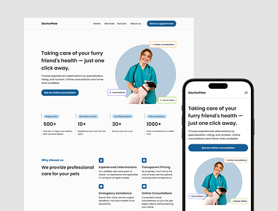 Landing Page Design - DoctorPaw - Veterinary Services appdesign branding darkmodeui design graphic design illustration landing page logo mobile adaptation responsive design ui user expirience design user interface design ux vector web design