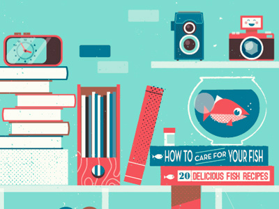 Bookshelve camera fish illustration patswerk poster vector vintage