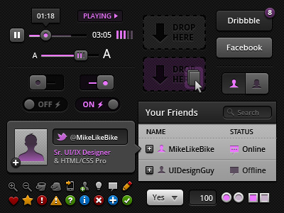 UI Kit Sample (Electric Dark) buttons caption drop zone form elements freebie iconography icons label list view media player module options photoshop player profile psd search slider toggle tool tip ui vector