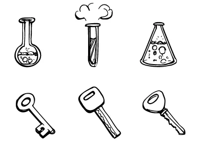 Keys and Science beaker bubbles bw flask hand drawn handdrawn icons keys sketch wireframe wireframes