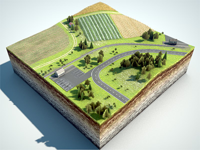 Level Design 3d 4d cinema design farmland foliage graphics landscape level map miniatur rendering road terrain textures track train trees