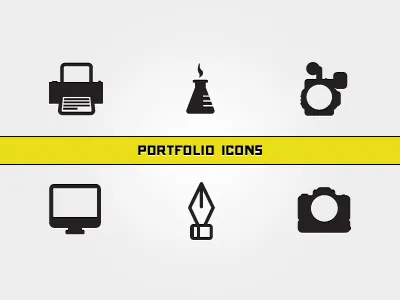 Portfolio Icons behance bezier tool camcorder camera canon 5d experiment icons imac mac monitor pen portfolio printer test tube video camera
