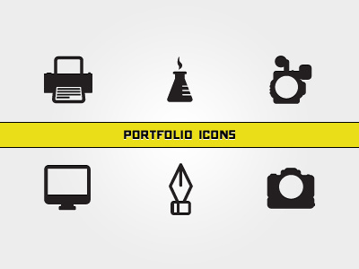 Portfolio Icons behance bezier tool camcorder camera canon 5d experiment icons imac mac monitor pen portfolio printer test tube video camera