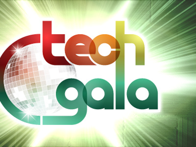 Tech Gala Web Banner blue custom font disco flare green orange red type typography web