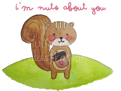 Nuts about you bright children cute funny giulia heart illustration julia love mauri nuts squirrol valentines watercolour