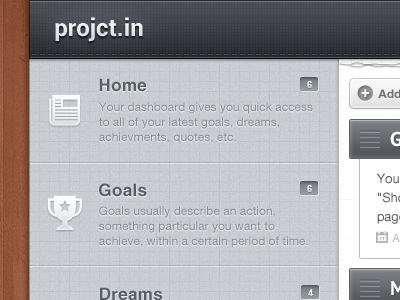 Dreams interface nav navigation notification organizer projct projct.in site social texture ui ux web web design webapp website wood