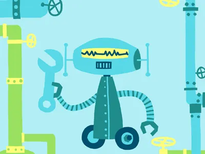 Robot with wrench blue green robot wrench yellow