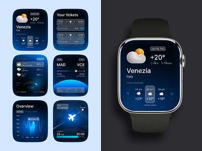 Smart Watch Widgets apple apple watch design gradient graphic design illustration ios smart watch travel travelling ui ux weather widgets