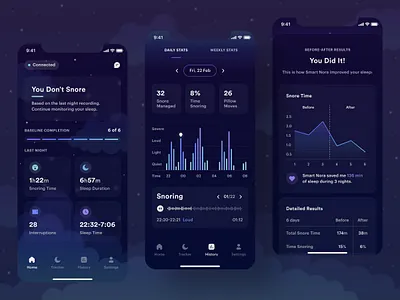 🌙 Smart Nora: Sleep & Snore Tracking Companion App app app design dark mode data visualisation dream graph health tech health tracking ios iot iphone mobile relationships self help sleep sleep tracking snoring stats tracker wellness