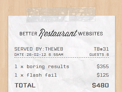 Receipt - Work in Progress calculator css css3 food item javascript jquery monospaced opacity paper price receipt restaurant restaurants texture wood