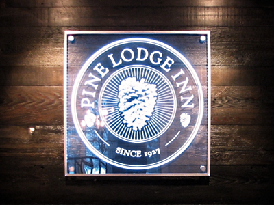 Pine Lodge Inn Sign backlit front desk led logo plexiglass sign