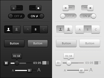 Toggles, Buttons and Sliders UI buttons freebie iconography icons media player photoshop psd sliders toggles tool tip ui vector
