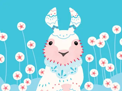 Bunny Two blue bunny decorative flowers pattern white