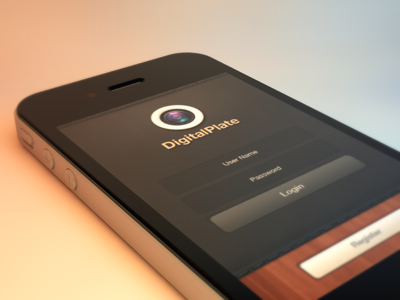 DigalPlate iPhone App GUI - Login camera dark food glass gui ios ipad iphone leather lens login register shoot ui ux wood