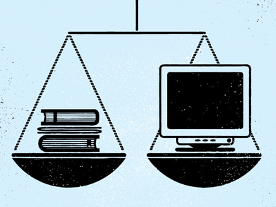 Print v. Digital computer equal weight icons illustration print texture