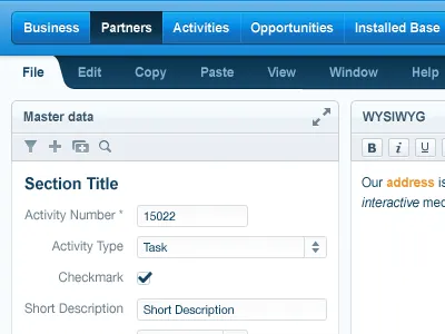 Web applications redesign blue form icons navigation panel tabs webapp wysiwyg