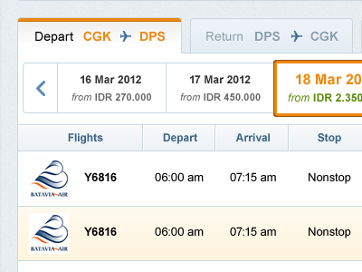 Flight Search Result box date depart flight interface listing return search