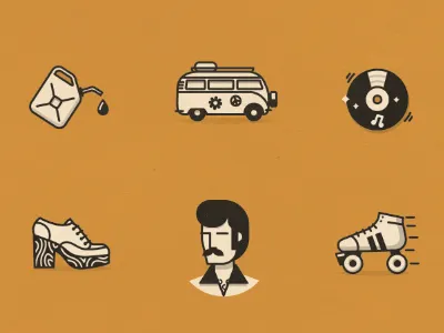 1970's Icons 1970s 70s disco gas shortage hippie bus mustashe roller disco platform shoes rollerskates seventies