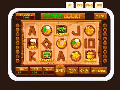 Patricks or Good Luck slot machine and slot symbols 2d game adobe illustration app button design game game ui graphic design jackpot slot slot machine ui vector