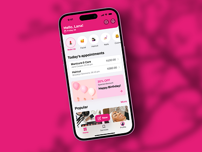 Beauty Booking App app app design appointment booking beauty app booking app design figma ios app minimalist mobile mobile design pink app pink ui product design salon app ui ui app design ui design uiux ux