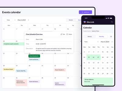 Edu.Link – Calendar admin calendar course dashboard design drumncode e learning ed tech education learning online learning responsive school student teacher uiux web app web development