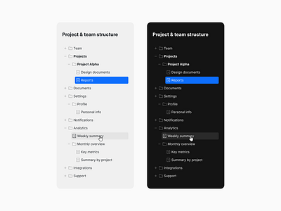 Data tree with light and dark themes black blue clear dark mode data tree grey light mode minimal navigation product structure tree view ui ux web white