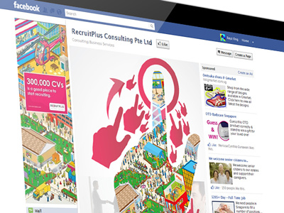 Recruitplus facebook fan page advertisement arrow chart cursors cv facebook fan page graph hand hr company human resource information design job landing page like button like it pie chart recruitplus resume