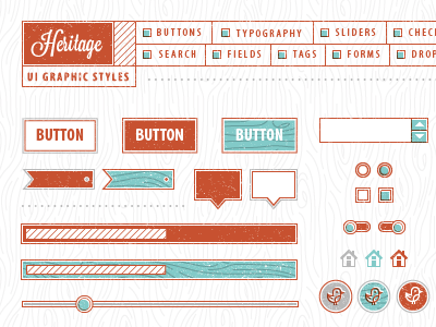 VM Heritage UI Graphic Style bar buttons illustrator radio slider tag texture typography ui vector vintage wood