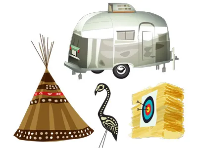 Hicksville Trailer Palace Vector Icons arrow flamingo hicksville icons joshua lawn range target tipi trailer tree vector
