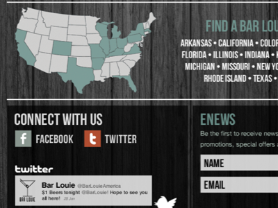 Content on a web design bar black connect content email enews facebook logo louie map media name restaurant social states texture tweet twitter united website white wood