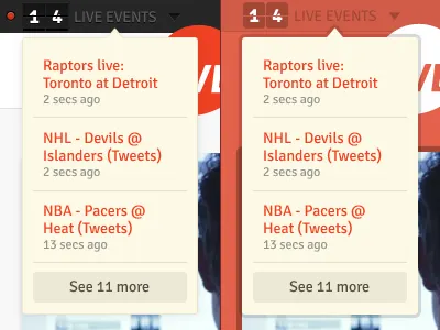 Live Events Dropdown art board buttons interactions