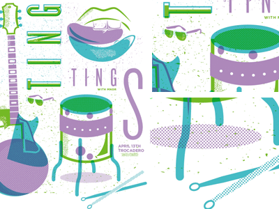 Ting Tings 02 bass drum drum sticks drumsticks guitar halftone licking lips mndr raybans screenprint stippling sunglasses texture ting tings transparency trocadero vector