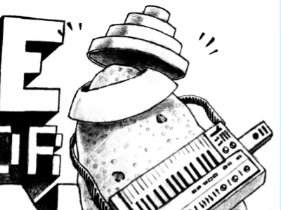 Hey spuds! Take time out for fun. devo drawing illustration keyboard keytar new wave pencil potato power dome spud