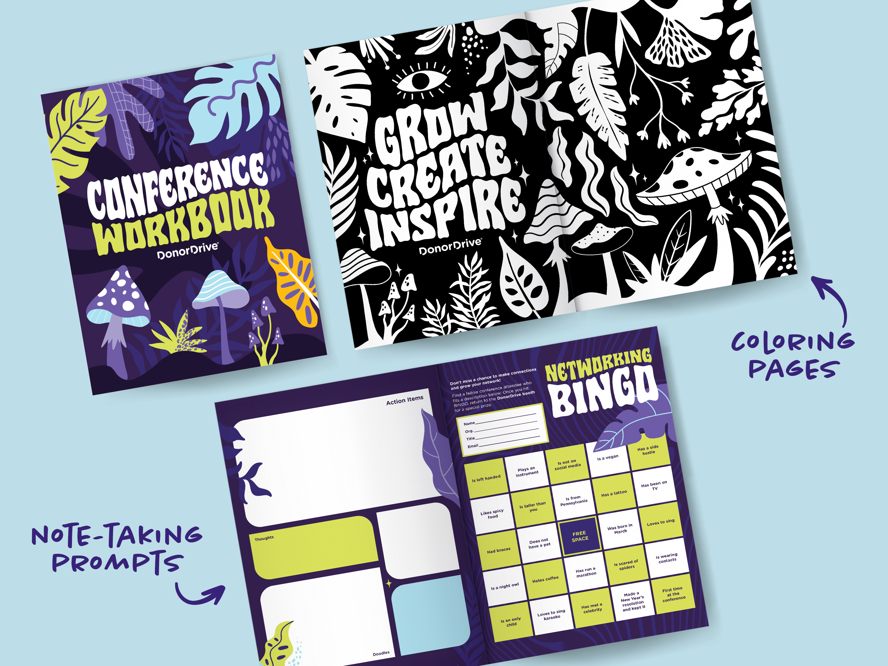 Conference Workbook | Coloring, Notes, Networking Bingo bingo book charity coloring donate fundraising green grow leaf mushroom network non profit note pdf purple trippy wavy workbook