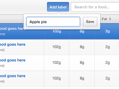 Diet webapp add button clean edit gray helvetica label save search sort table trash user interface white