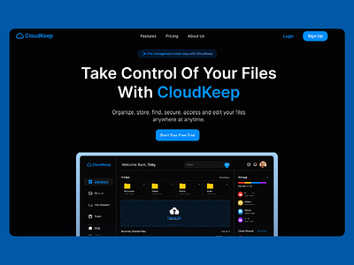 CloudKeep: Website Simplify Your Digital Life blue accents cloud storage dark theme dashboard concept data organization digital solutions file management minimalist ux modern ui online tools professional look responsive layout seamless navigation secure platform storage system tech design user interface visual hierarchy web design website