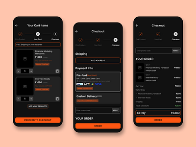Book app checkout redesign app design cart checkout dark theme design payment ui ux