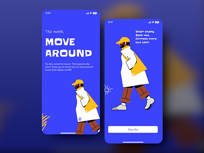 Step Out - App UI Design bold visuals connect outside creative app creative concept dynamic colors flat illustration inspiration inspirational app lifestyle app minimal ui mobile creativity mobile ui modern design motivational interface outdoor lifestyle ui design ui ux design urban vibe ux design ux inspiration