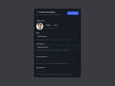 Profile information | ◑ Dark mode clean dark mode design system figma form modal profile ui ui kit