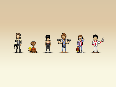 My 80s Heroes bttf buce lee character design chuck norris e.t han solo icon illustration marty mc fly pixel pixelart star wars tony montana