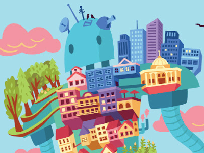 Have City, Will Travel buildings city complete illustration robot town vector